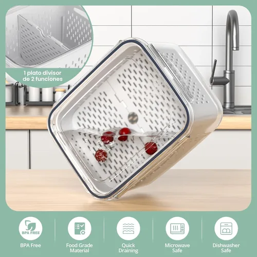 Miniatura 2 de Contenedores de almacenamiento de frutas para refrigerador con colador extraíble, paquete de 8 recipientes de frutas para refrigerador con placa