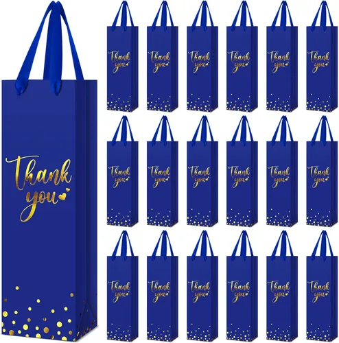 Miniatura 8 de Ctosree 30 bolsas de regalo para botellas de vino con asa de 4.3 x 3.5 x 13.7 pulgadas, bolsa de papel de licor para agradecimiento, papel de azul