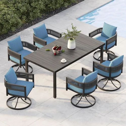 Miniatura 29 de Juego de comedor al aire libre Grand Patio de 5 piezas para 4, sillas de patio fijas de mimbre tejido metálico con cojines engrosados y 1 mesa