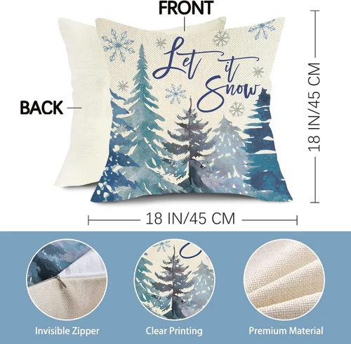 Miniatura 2 de Juego de 4 fundas de almohada decorativas de color azul pino de invierno de 18 x 18 pulgadas, Let It Snow en acuarela, bosque, oso, reno, copo