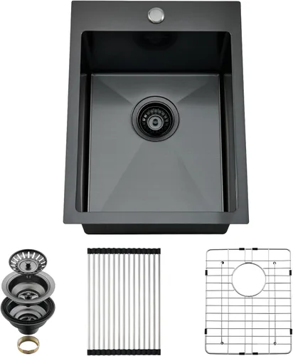 Miniatura 13 de Fregadero de cocina de 15 x 15 pulgadas, fregadero de preparación de barra de montaje superior de 16 calibre 16 T-304 de acero inoxidable negro