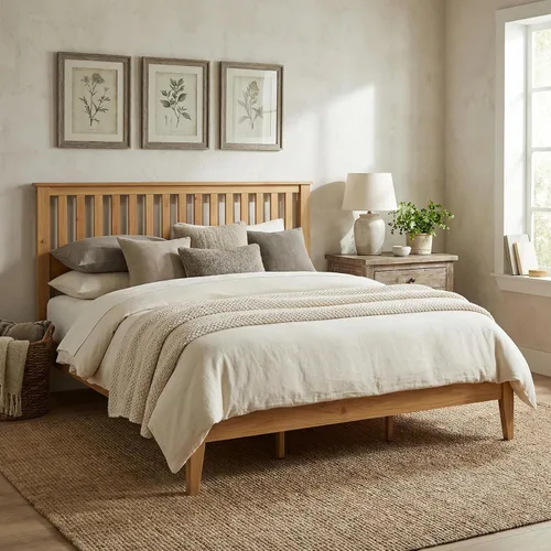 Miniatura 7 de ComfIQ Cama de plataforma de madera maciza con listones de madera, marco duradero, no requiere somier, amplio almacenamiento debajo de la cama, Pino