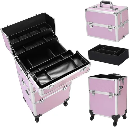 Miniatura 6 de Karl home Estuche de tren de maquillaje 3 en 1, carrito de cosméticos rodante, organizador de viaje de gran capacidad con llave ruedas giratorias