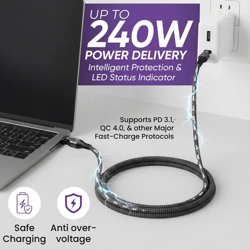 Miniatura 3 de Cable USB tipo C a C de rotación de 180° PD 240 W (1 paquete de 3.3 pies) USB2.0 480MBPS y cable de transferencia de datos Cable de carga