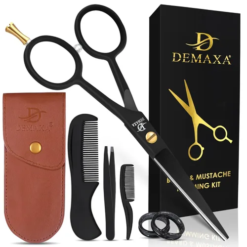 Miniatura 13 de DEMAXA Tijeras profesionales de barba de 5 pulgadas para hombres, tijeras para bigote con 1 peine para bigote, 1 peine para barba y bolsa suave, kit