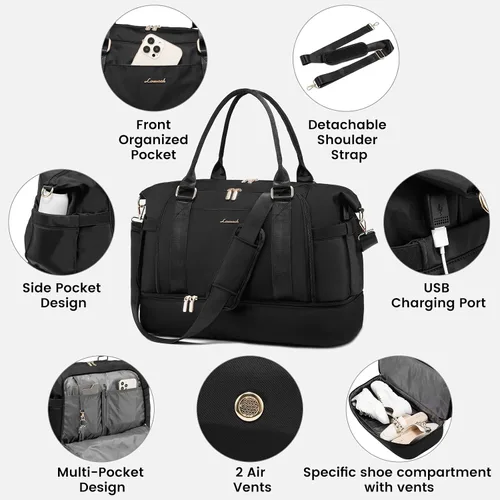 Miniatura 7 de Bolsa de gimnasio para mujer LOVEVOOK Travel Duffel Bag con puerto de carga USB, Negro