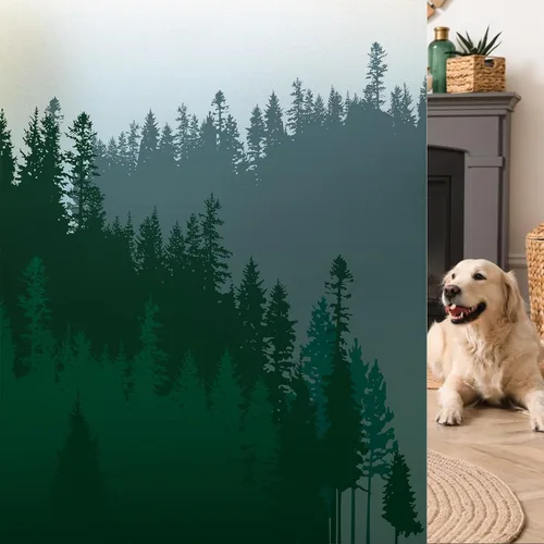 Miniatura 26 de Película de vidrio esmerilado de pino para ventana, bosque de coníferas silvestres en la mañana, siluetas de árbol de niebla para decoración