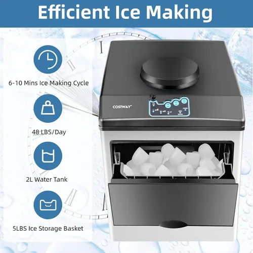 Miniatura 3 de COSTWAY Dispensador de agua integrado para máquina de hielo 2 en 1, 48 libras por día, cubo de hielo de tamaño S/M/L, cesta de almacenamiento