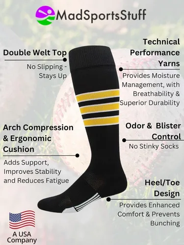 Miniatura 2 de MadSportsStuff Dugout - Calcetines de béisbol a rayas para jóvenes y adultos, para niños, niñas, hombres y mujeres, largo por encima