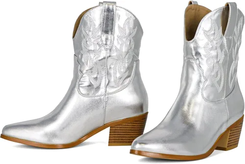 Miniatura 3 de STALOV Botas vaqueras cosidas para mujer, punta puntiaguda, tacón bajo y grueso, botas vaqueras occidentales bordadas