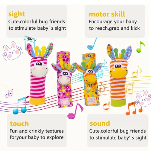 Miniatura 3 de PADONISE Sonajeros de muñeca para bebé, juguetes sensoriales suaves para bebés, sonajeros de animales de dibujos animados, juguete de desarrollo