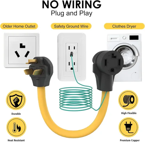 Miniatura 2 de Adaptador de secadora de 4 a 3 clavijas apto para alquiler de 1.5 pies y 30 amperios con cable de tierra verde NEMA 10-30P macho a 14-30R hembra
