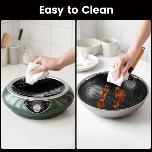 Miniatura 8 de Wok de inducción cóncava de 1700 W 120 V con wok de acero inoxidable, calentamiento continuo sin pulsos, 16 niveles de potencia, quemador portátil