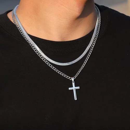 Miniatura 3 de Zocomi Collar de cruz para hombres y niños, acero inoxidable en capas de eslabones cubanos con cadena de espiga colgante de cruz cristiana, joyería