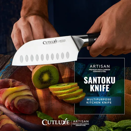 Miniatura 4 de Cutluxe Santoku – Cuchillo de 5" de cocina, cuchillo para carne y verduras – Acero alemán forjado de alto carbono – Espiga completa y afilado como