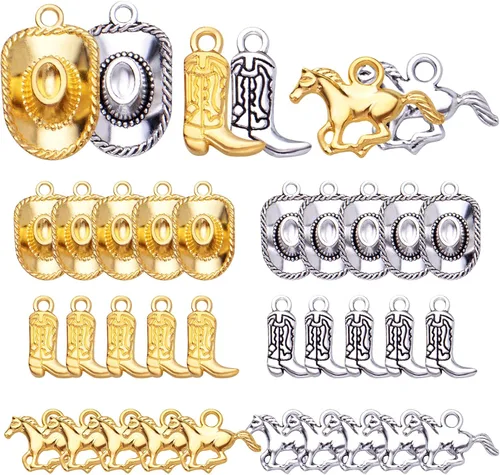 Miniatura 8 de 60 dijes de vaquero chapados en oro con temática occidental de aleación tibetana de vaquero, botas de caballo, colgantes de sombrero de caballo