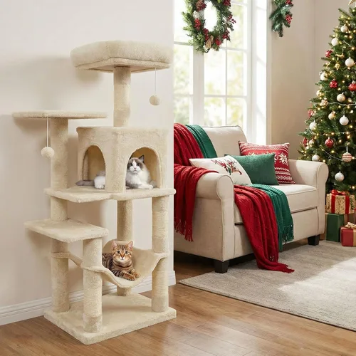Miniatura 3 de Tangkula Torre de árbol para gatos, torre para gatos de varios niveles de 44 pulgadas con postes rascadores de sisal, condominio de 2 puertas