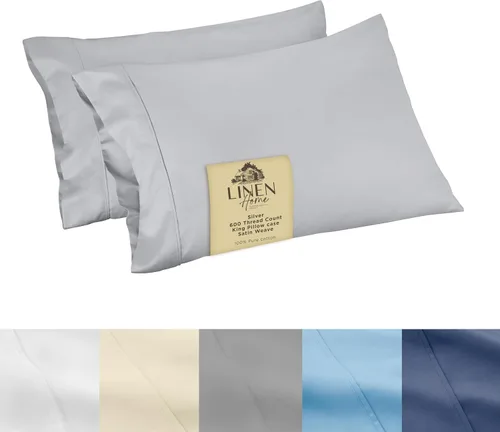 Miniatura 13 de Linen Home Juego de fundas de almohada King de 500 hilos, fundas de almohada 100 % algodón de fibra larga, juego de 2 fundas de almohada de satén