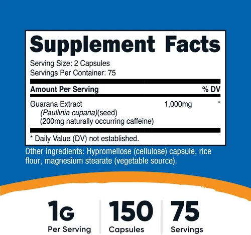 Miniatura 2 de Nutricost Guaraná 1000 mg porción, 150 cápsulas vegetarianas – Suplemento energizante de cafeína brasileña a base de hierbas naturales