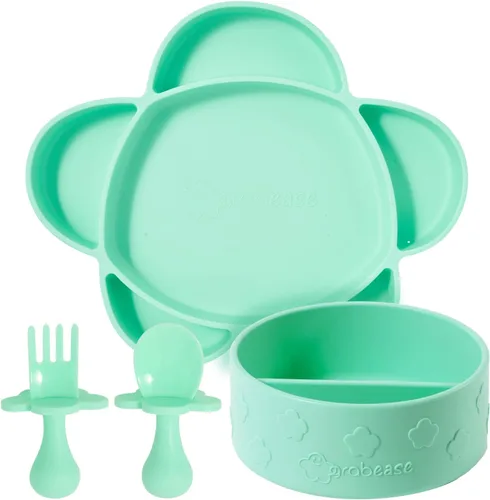 Grabease Juego de platos y cuencos de silicona para bebés, base de succión fuerte y cuencos con succión, fomenta la autoalimentación con utensilios