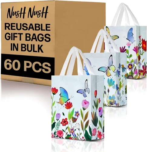 Miniatura 9 de Nush Nush Bolsas de regalo de mariposa con asas de tamaño mediano - Juego de 12 bolsas de regalo florales con brillante impresión holográfica