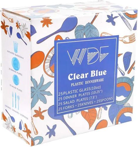 Miniatura 6 de WDF 25 platos azules para invitados con cubiertos desechables y vasos azules, vajilla de plástico transparente neón incluye 25 platos de cena