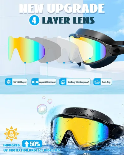 Miniatura 8 de Aegend Nuevo paquete de 2 gafas de natación de visión amplia para niños, gafas antivaho/anti-UV sin fugas con tapones para los oídos para niños de 3