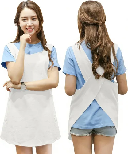 Miniatura 4 de Delantal de diseño acortado, delantal de lino de algodón suave estilo japonés con dos bolsillos laterales, delantal halter cruzado en X, ropa