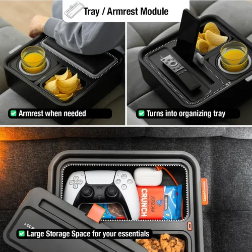 Miniatura 12 de CouchConsole - Bandeja portavasos original para bebidas y aperitivos con reposabrazos, mesa con soporte para teléfono, almacenamiento y organizador