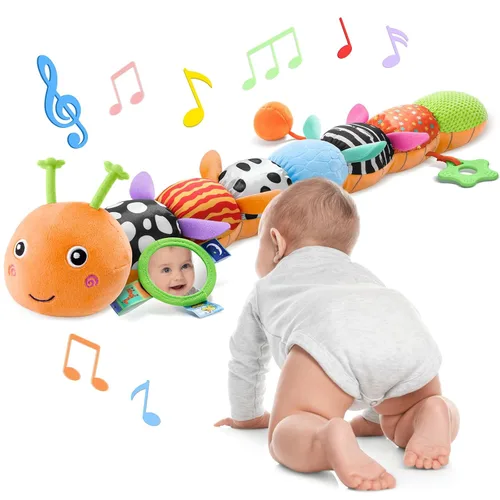 Awotoy Baby Toys - Juguete musical de oruga interactivo multicolor para bebés, sonajero arrugado, suave con campana de anillo, juguete de peluche
