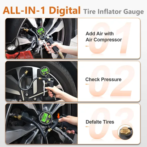 Miniatura 5 de SAFELIFE Medidor Digital de Presión de Neumáticos con Inflador, Portabrocas de Aire de 250 PSI con Manómetro y Accesorio Inflador de Neumáticos