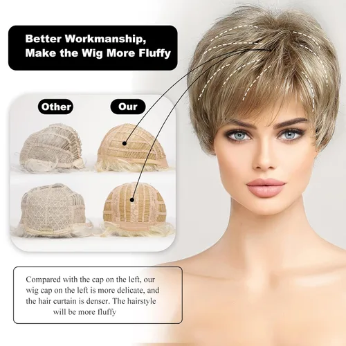 Miniatura 3 de HAIRCUBE Pelucas cortas de corte Pixie con textura de cabello humano para mujeres con flequillo pelucas sintéticas de repuesto - #17/101