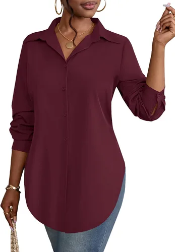 Miniatura 24 de Rooscier Blusa larga con cuello en V para mujer, manga larga, abertura lateral, con botones