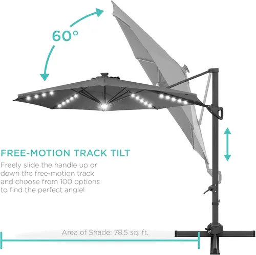 Miniatura 5 de Best Choice Products Sombrilla Solar LED Voladiza de 10 pies para Patio, Rotación de 360 Grados, Sombrilla Colgante Descentrada de Mercado para Gris