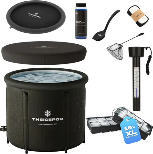 The Pod Company El paquete original de baño de hielo de 84 galones - Bañera fría portátil con tapa aislada, termómetro, estabilizador de agua, 12