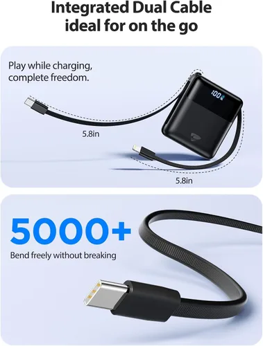 Miniatura 7 de Cargador portátil de 10000 mAh de carga rápida, batería USB C de 22.5 W con cables integrados, pequeño cargador portátil de viaje esenciales
