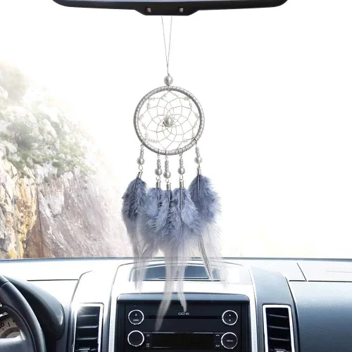 Atrapasueños para automóvil, espejo retrovisor de plumas pequeñas, atrapasueños para colgar en la pared, accesorios decorativos para mujer (gris)