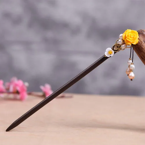 Pasadores de Cabello de Madera de 7" Palillos para Cabello con Flor Amarilla China para Cabello Largo 1 Paquete Accesorios para Moños para Niña