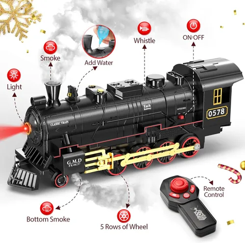 Miniatura 2 de Conjunto de Tren Hot Bee para Niños, Juego de Tren de Navidad con Control Remoto con Locomotora de Vapor, Coches de Pasajeros Ligeros y Pistas