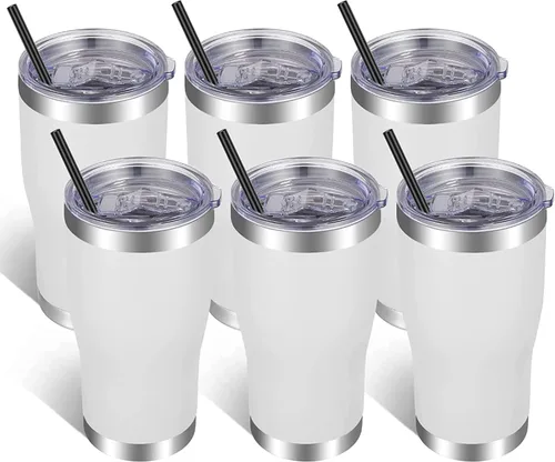 Miniatura 16 de VEGOND Vaso de acero inoxidable de 20 onzas con tapa y pajita, aislado al vacío, taza de café de viaje de doble pared (negro, paquete de 6)