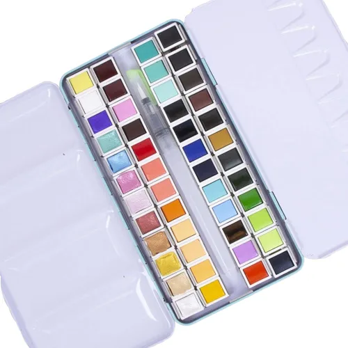 Craftelier - Pastillero de acuarela con surtido de 48 colores + pincel de agua con depósito de agua para caligrafía, letras o medios mixtos y otras