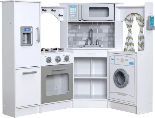 KidKraft Ultimate - Cocina de madera de esquina con luces y sonidos, teléfono de juego y cortinas, blanco