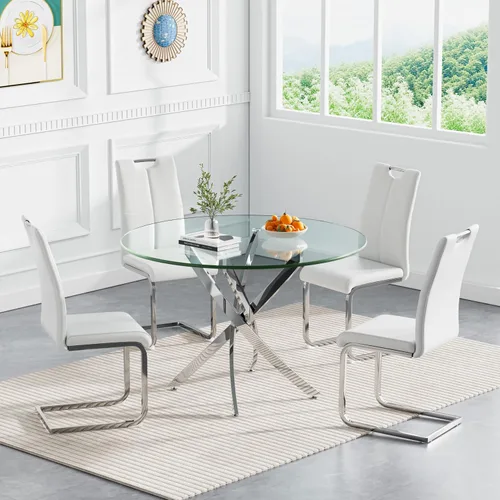 Miniatura 12 de Juego de mesa redonda de comedor para 2, juego de mesa de comedor de 3 piezas con mesa de comedor de vidrio plateado de 36 pulgadas y 2 sillas