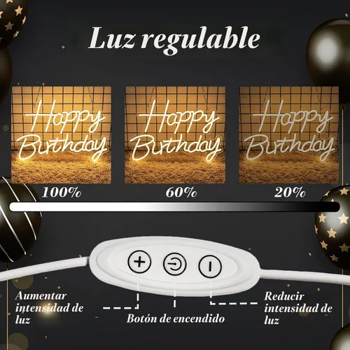 Miniatura 4 de Letrero de neón de feliz cumpleaños para telón de fondo, letrero con luz LED de feliz cumpleaños, luz de neón regulable alimentada por USB