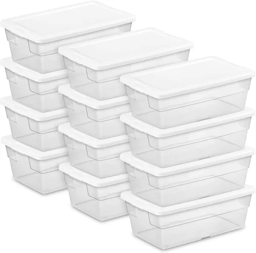 Sterilite - Paquete de 12 cajas de almacenamiento apilables con tapas a presión; contenedor organizador de plástico resistente para armario, baño y