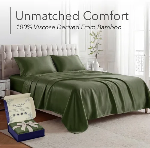 Miniatura 2 de DECOLURE Juego de sábanas 100% viscosa derivada de bambú, tamaño King, sábanas de lujo de 4 piezas de enfriamiento natural, juego de cama ultra Oliva