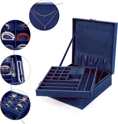 Miniatura 12 de MOSISO Joyero, organizador de almacenamiento de joyas, apilable, de doble capa, con bloqueo, para mujeres, collar, aretes, pulsera, anillo y broche