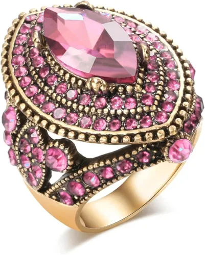 Anillo vintage precioso de gran tamaño chapado en oro con incrustaciones de cristal punk, turco colorido, joyería para cenas, fiestas, para mujer