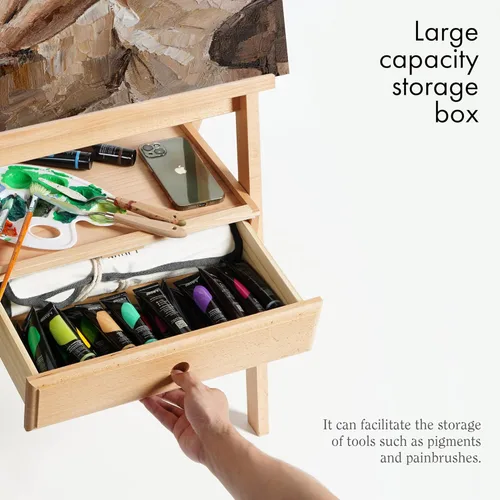Miniatura 3 de ARTIFY Caballete de estudio grande de madera con marco en H con cajón de almacenamiento y estante para artistas, soporte de lona de madera de haya