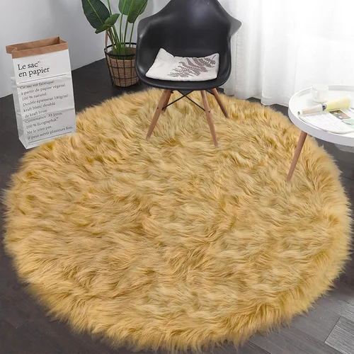 Miniatura 8 de Alfombras Redondas Rosadas Esponjosas de 4 Pies para Dormitorio de Niñas, Alfombra de Piel Sintética de Oveja de Felpa para Sala de Estar, Alfombra